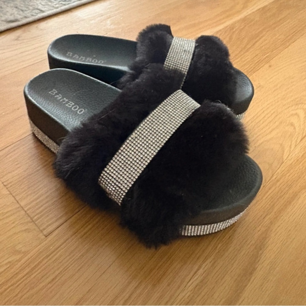 BAMBOO Black Faux Fur Slide Sandals with Rhinestone Band